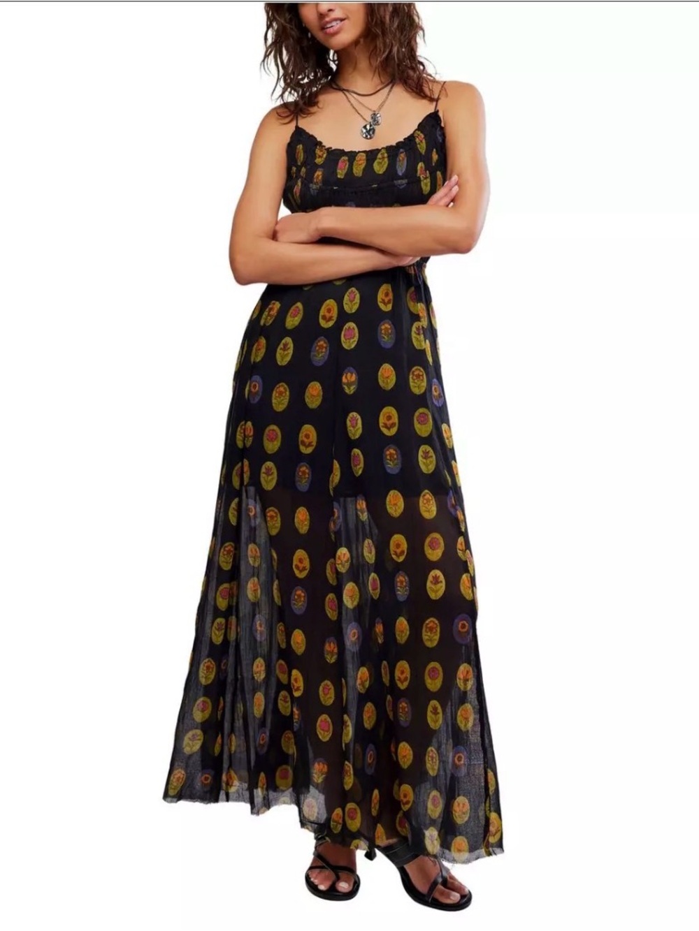 New Free People One Ciella Printed Maxi Dress in Midnight Black w/ Floral Size M